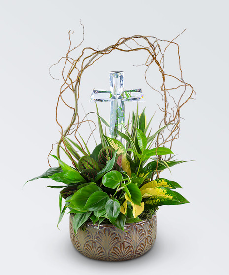 Crystal cross keepsake nestled in a live plant