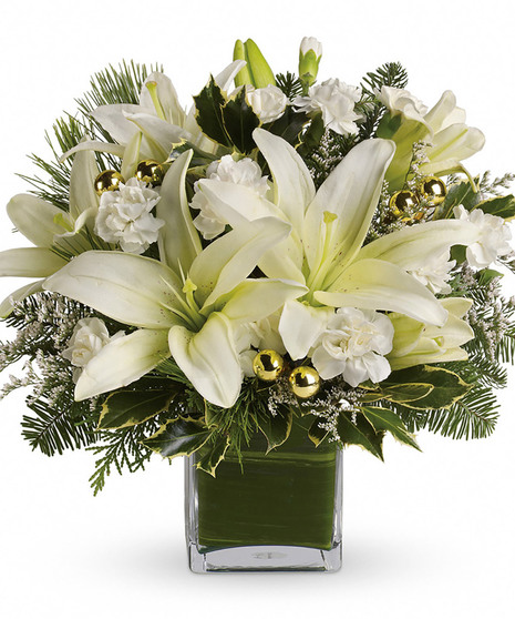 compact arrangement in a cube with white lilies and roses