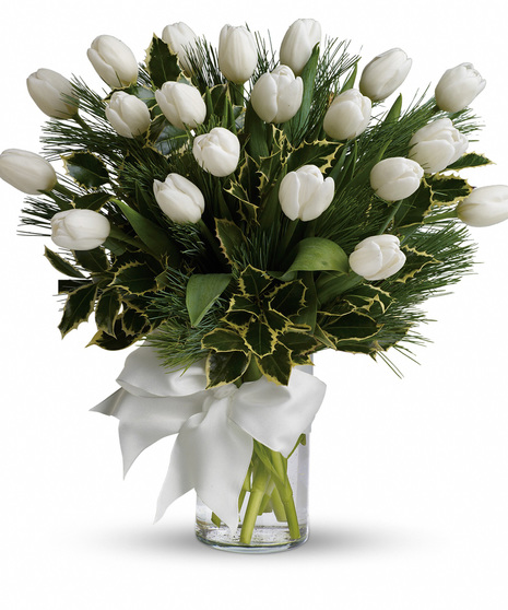 clear vase with white tulips, winter greens, holly and ribbon