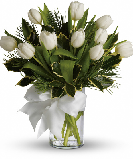 clear vase with white tulips, winter greens, holly and ribbon