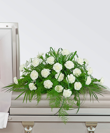 white carnations casket spray
