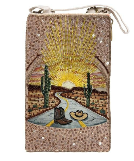 Bamboo Trading Company Club Bags featuring different designs. Hand beaded & embroidered bags for carrying your phone, credit card and cash