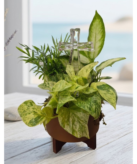 Dish Garden with Crystal Cross Keepsake
