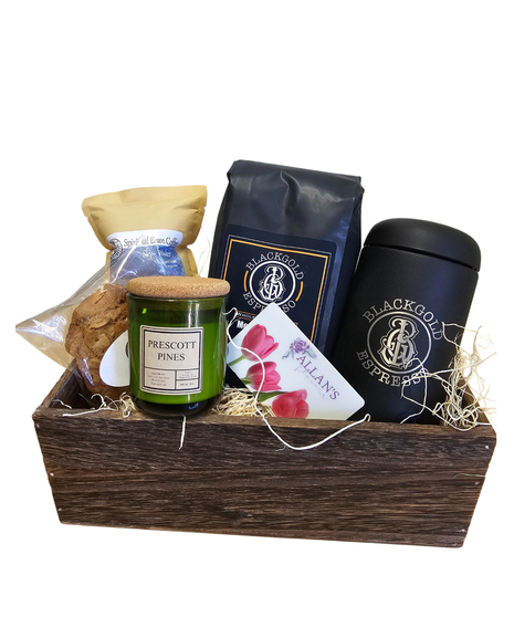 Gift basket with coffee, candle, gift card and candle all from Local Prescott businesses